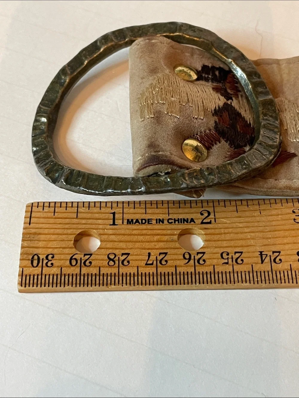 Vintage Indian Eagle Hammered Oval Ring Buckle & Embroidered Suede Belt Men's